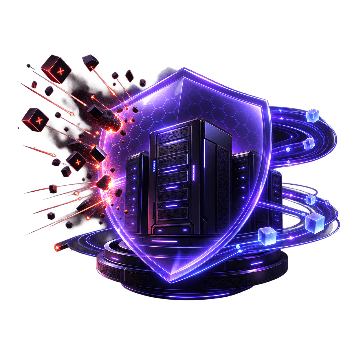 Ilustração temática de proteção Anti-DDoS para servidores de jogos com escudo e servidor neon.