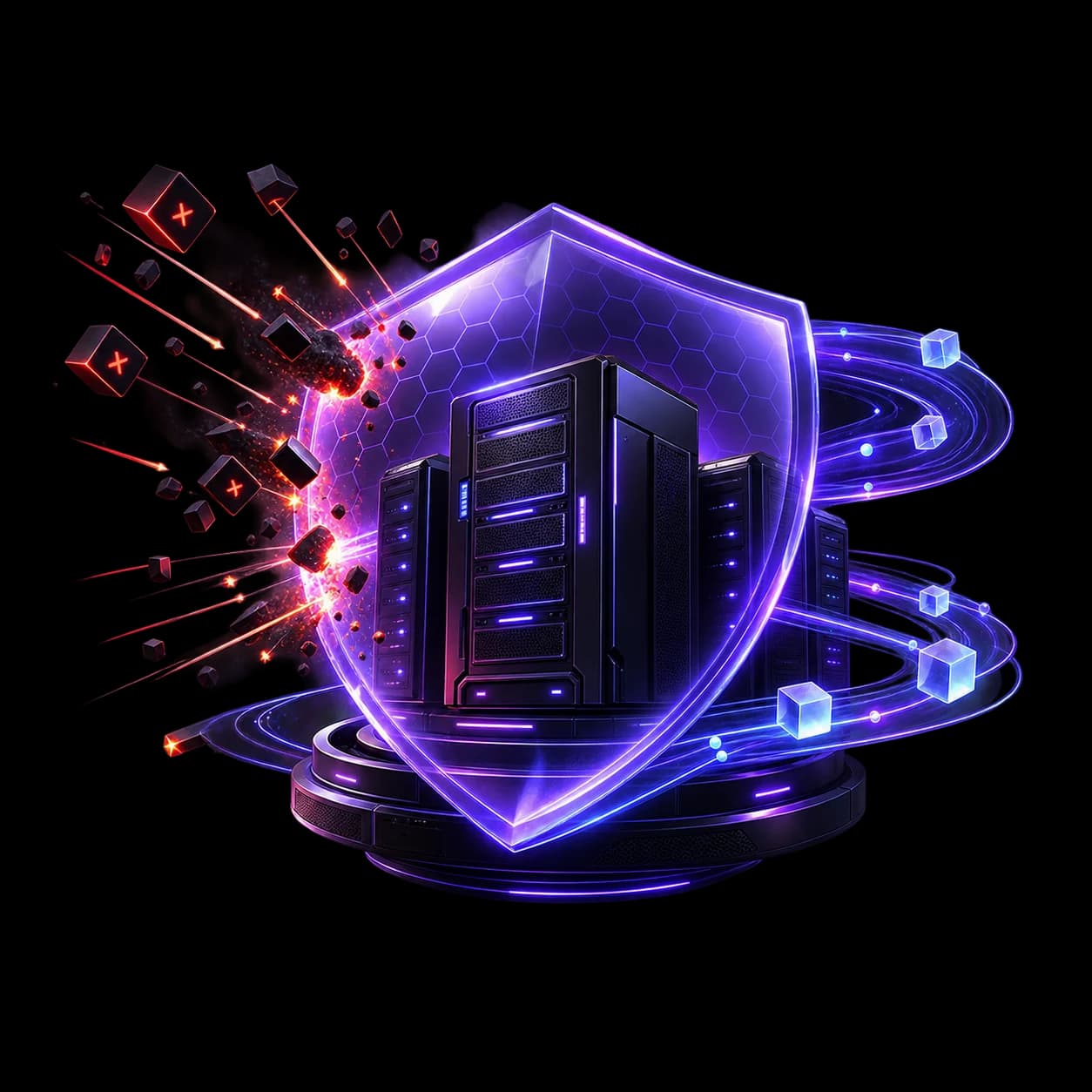 Ilustração temática de proteção Anti-DDoS para servidores de jogos com escudo e servidor neon.