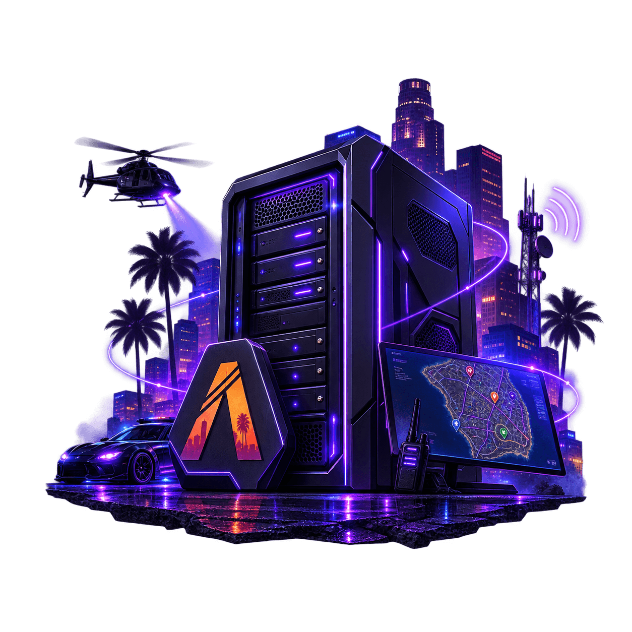 Ilustração temática de infraestrutura VPS para FiveM com visual urbano neon.