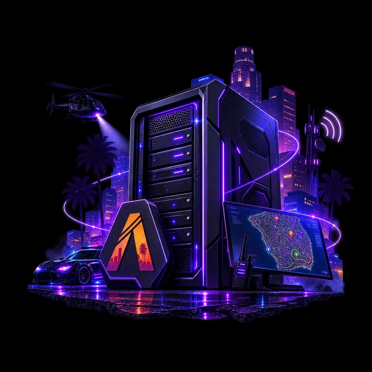 Ilustração temática de infraestrutura VPS para FiveM com visual urbano neon.