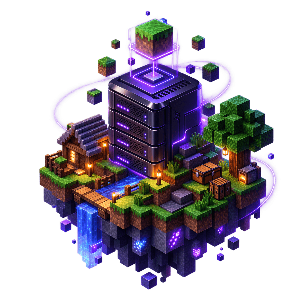 Ilustração temática de infraestrutura VPS para Minecraft com mundo em blocos e servidor neon.