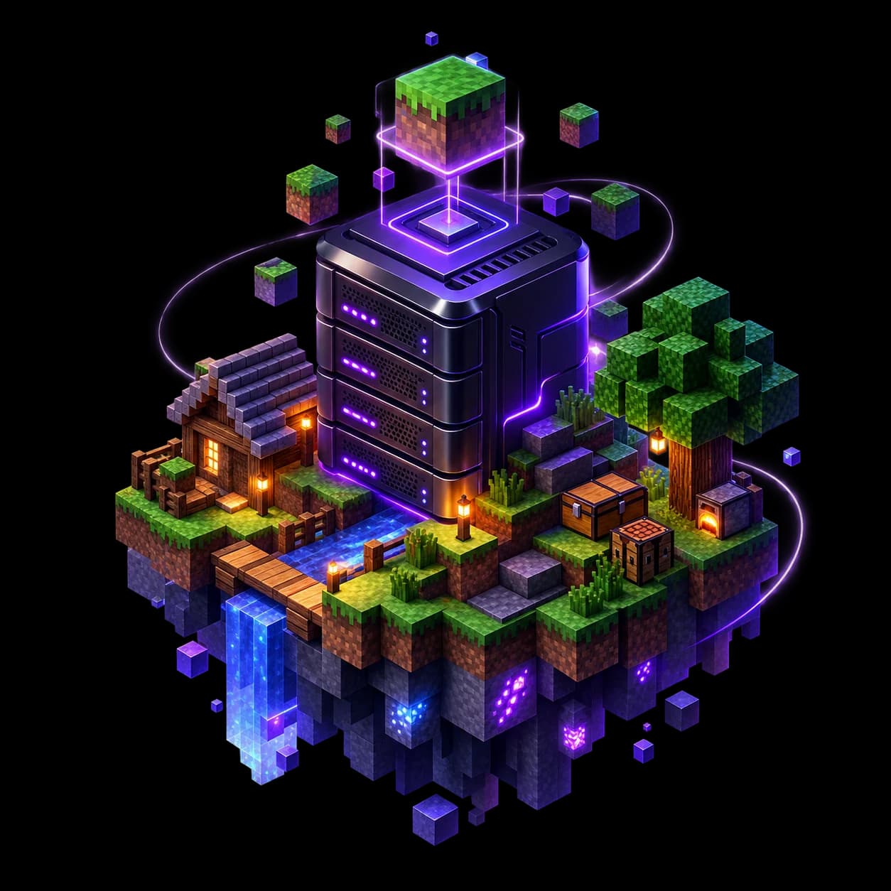 Ilustração temática de infraestrutura VPS para Minecraft com mundo em blocos e servidor neon.