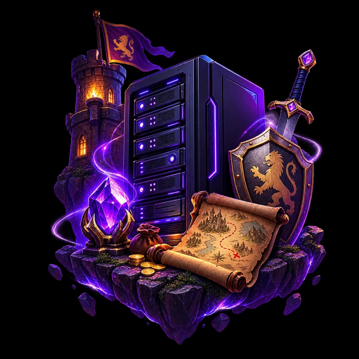 Ilustração temática de infraestrutura VPS para Tibia com mapa, castelo e visual fantasy-tech.