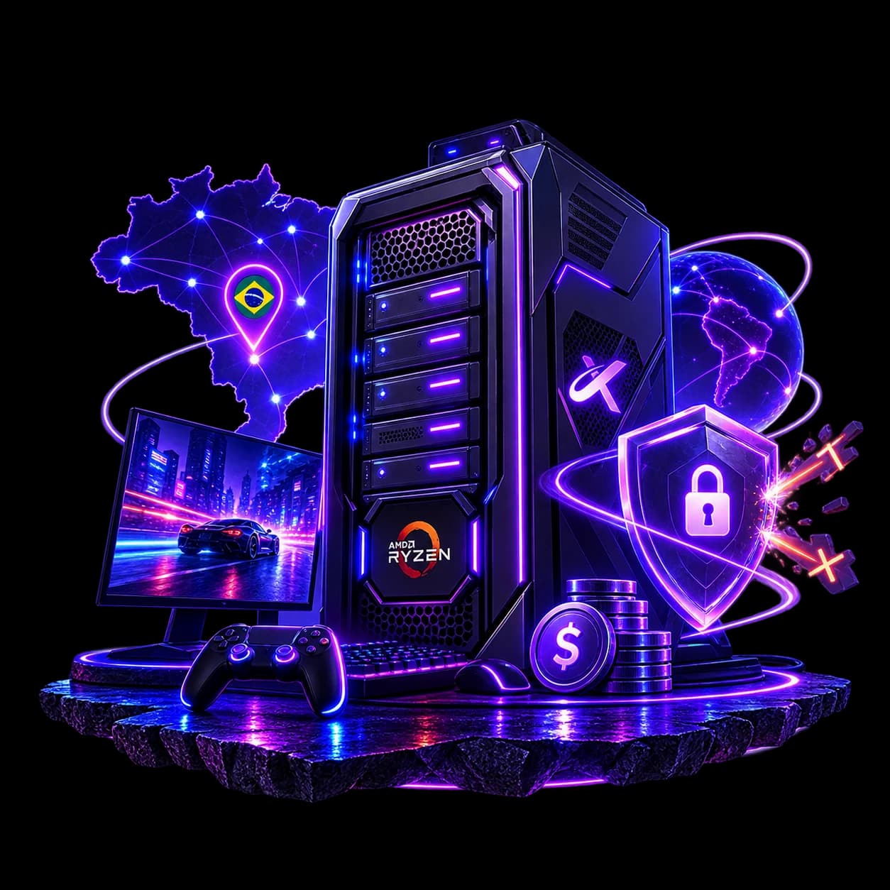 Ilustração de VPS Gamer econômico no Brasil com proteção Anti-DDoS e infraestrutura Ryzen.